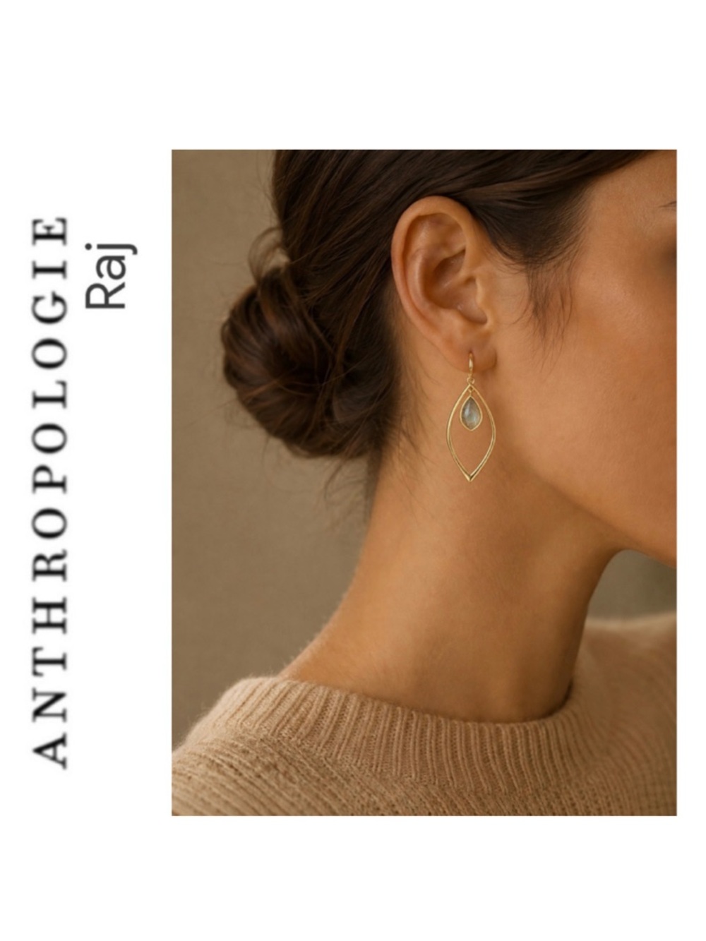 Anthropologie x Raj Open Marquise Drop French Hook Earrings Gray Labradorite